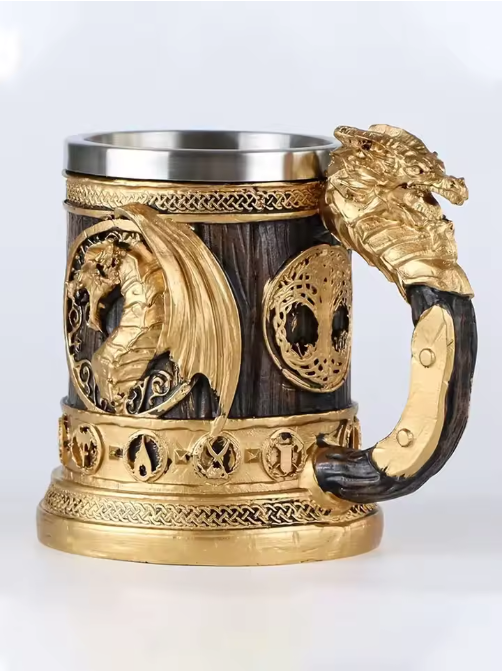 Retro Draak Drinkbeker – RVS Isolatiebeker met Gouden Vleugeldraak Ontwerp