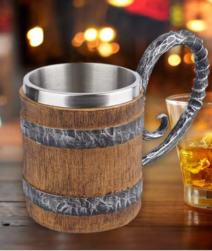 Viking Biermok Houten Vat Stijl – RVS Dubbelwandige Drinkbeker