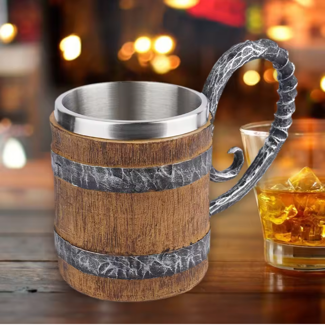 Viking Biermok Houten Vat Stijl – RVS Dubbelwandige Drinkbeker