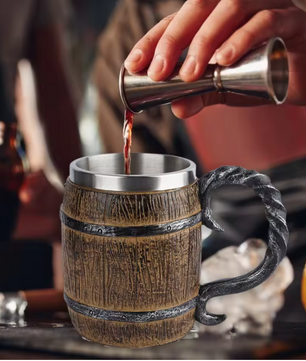 Viking Biermok Houten Vat Stijl – RVS Dubbelwandige Drinkbeker