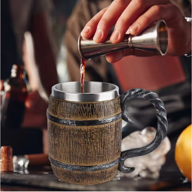 Viking Biermok Houten Vat Stijl – RVS Dubbelwandige Drinkbeker