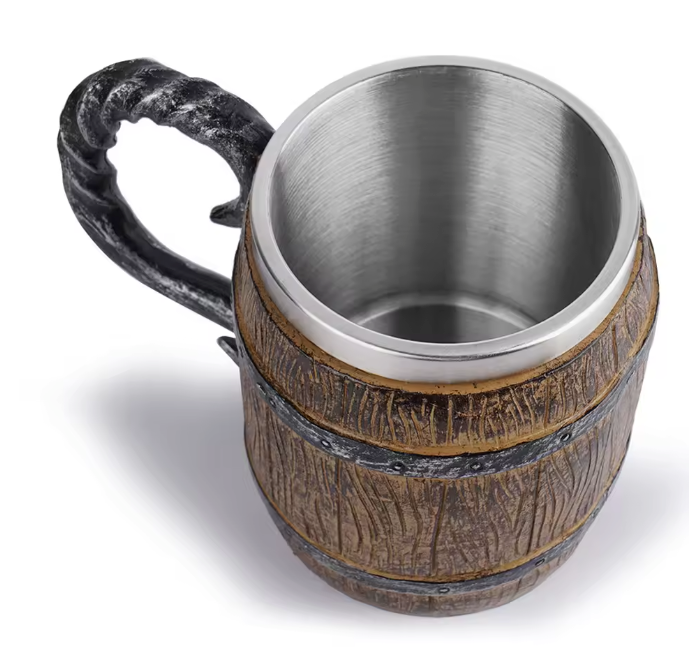 Viking Biermok Houten Vat Stijl – RVS Dubbelwandige Drinkbeker
