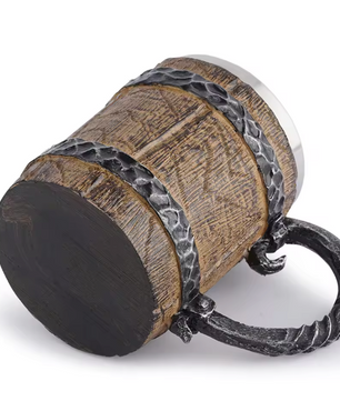 Viking Biermok Houten Vat Stijl – RVS Dubbelwandige Drinkbeker