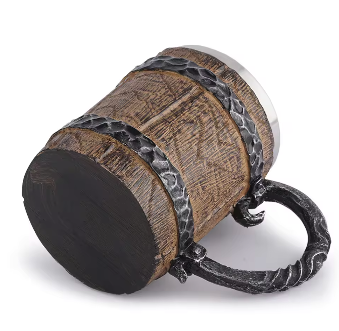 Viking Biermok Houten Vat Stijl – RVS Dubbelwandige Drinkbeker