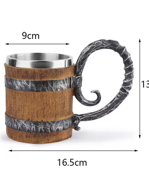 Viking Biermok Houten Vat Stijl – RVS Dubbelwandige Drinkbeker