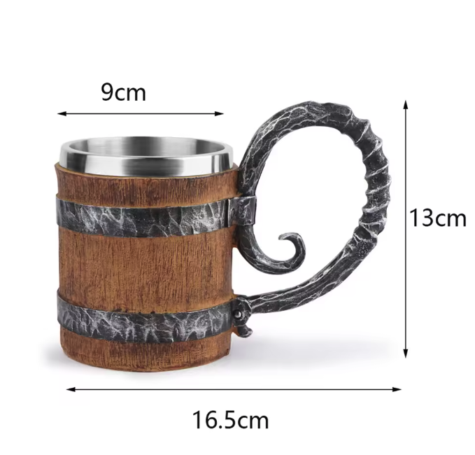 Viking Biermok Houten Vat Stijl – RVS Dubbelwandige Drinkbeker