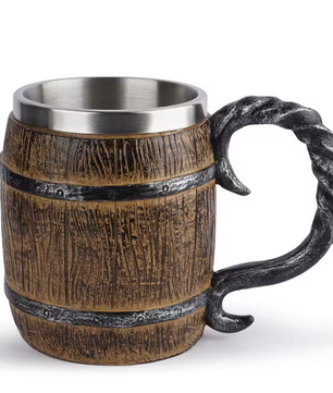 Viking Biermok Houten Vat Stijl – RVS Dubbelwandige Drinkbeker