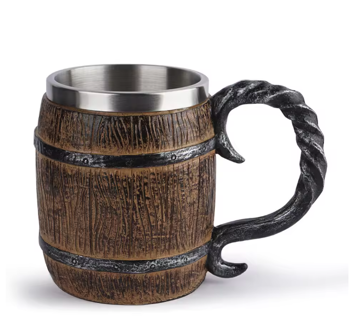 Viking Biermok Houten Vat Stijl – RVS Dubbelwandige Drinkbeker