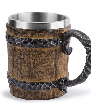Viking Biermok Houten Vat Stijl – RVS Dubbelwandige Drinkbeker