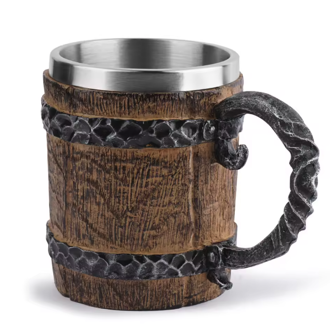 Viking Biermok Houten Vat Stijl – RVS Dubbelwandige Drinkbeker