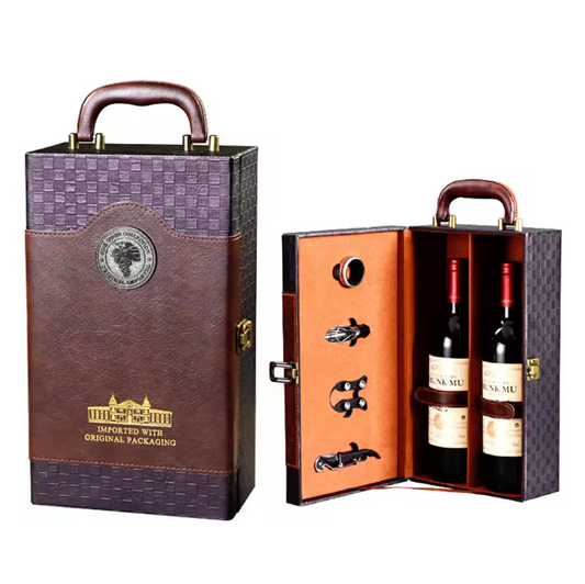 Luxe Wijn Cadeaubox voor 2 Flessen – Lederen Geschenkdoos met Wijnaccessoires en Handvat
