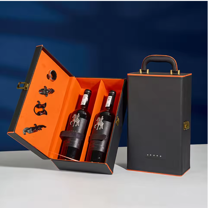 Luxe Wijn Cadeaubox voor 2 Flessen – Lederen Geschenkdoos met Wijnaccessoires en Handvat