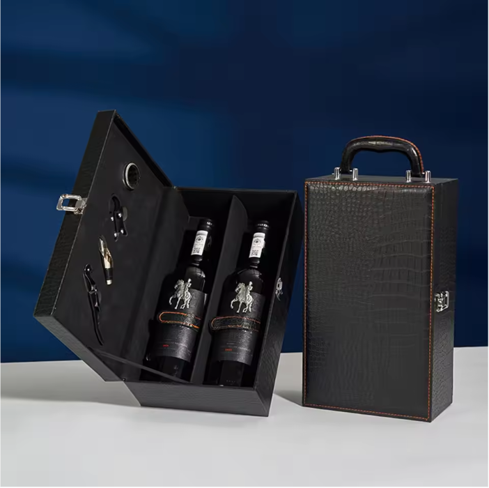 Luxe Wijn Cadeaubox voor 2 Flessen – Lederen Geschenkdoos met Wijnaccessoires en Handvat