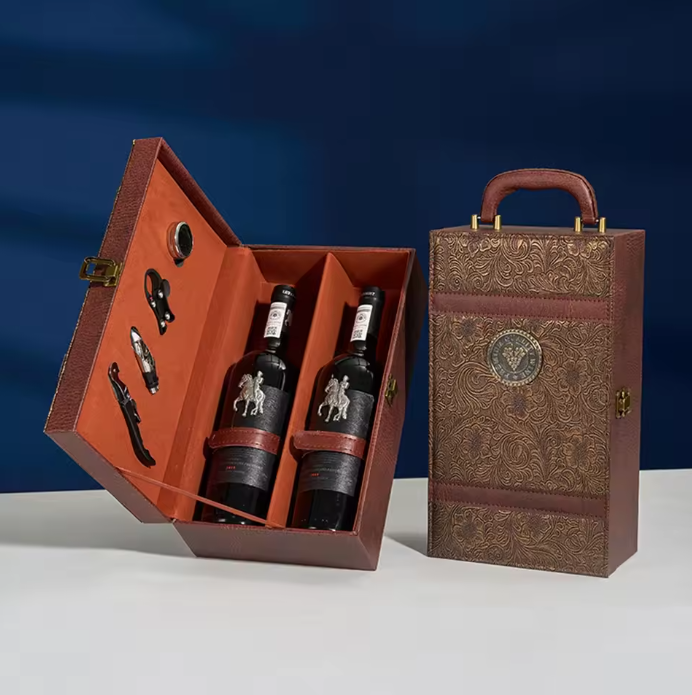 Luxe Wijn Cadeaubox voor 2 Flessen – Lederen Geschenkdoos met Wijnaccessoires en Handvat