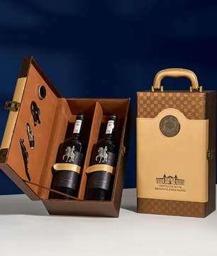 Luxe Wijn Cadeaubox voor 2 Flessen – Lederen Geschenkdoos met Wijnaccessoires en Handvat