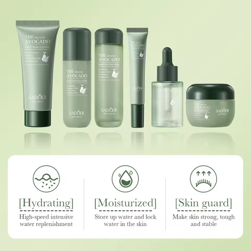Avocado Gezichtsverzorging Set – 6-Delige Hydraterende Skincare Set met Cleanser, Serum en Crème