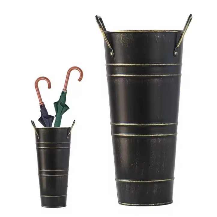 Vintage Metalen Paraplubak – Gegalvaniseerde Parapluhouder met Handvat