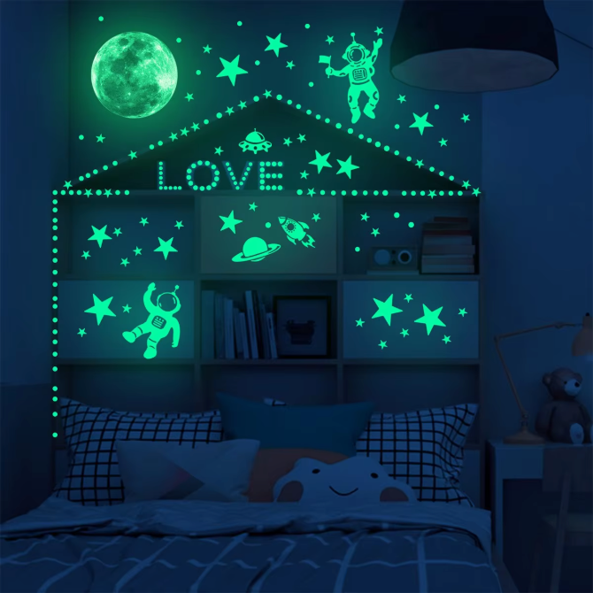 Glow in the Dark Maan en Sterren Muurstickers – Lichtgevende Wanddecoratie voor Kinderkamer en Slaapkamer