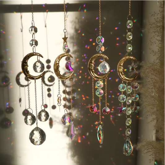 Maan Prisma Zonvanger met Kristallen – Decoratieve Maanfase Suncatcher voor Raam, Tuin en Auto