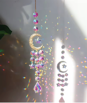 Maan Prisma Zonvanger met Kristallen – Decoratieve Maanfase Suncatcher voor Raam, Tuin en Auto