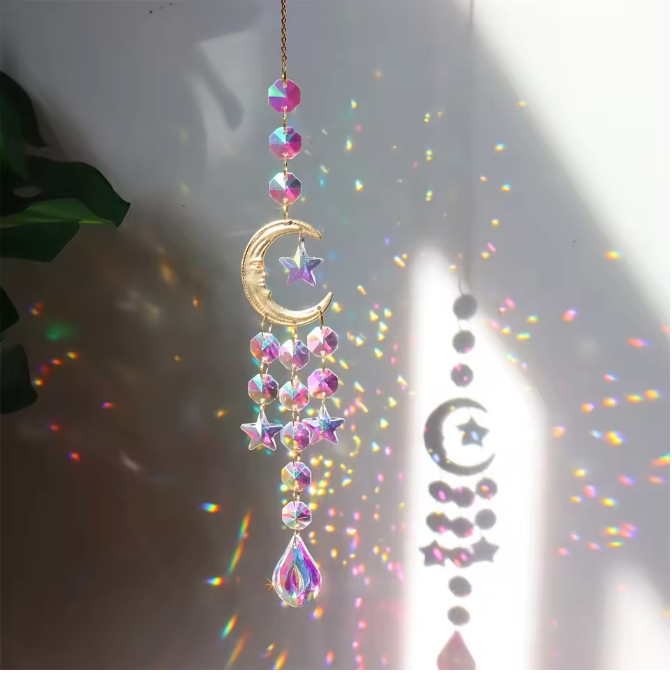 Maan Prisma Zonvanger met Kristallen – Decoratieve Maanfase Suncatcher voor Raam, Tuin en Auto