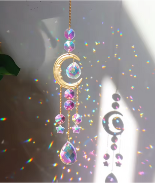 Maan Prisma Zonvanger met Kristallen – Decoratieve Maanfase Suncatcher voor Raam, Tuin en Auto