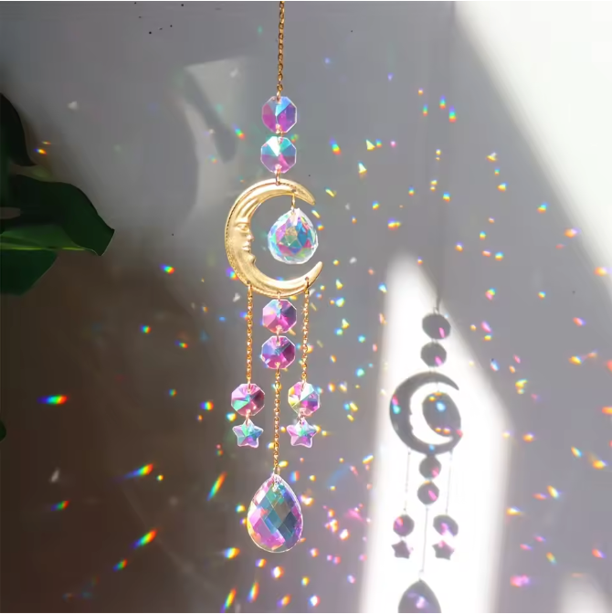 Maan Prisma Zonvanger met Kristallen – Decoratieve Maanfase Suncatcher voor Raam, Tuin en Auto