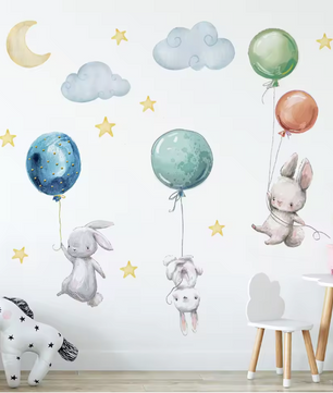 Konijn Muurstickers met Ballonnen, Maan en Sterren – Decoratieve Wandstickers voor Kinderkamer en Babykamer
