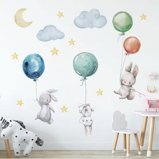 Konijn Muurstickers met Ballonnen, Maan en Sterren – Decoratieve Wandstickers voor Kinderkamer en Babykamer