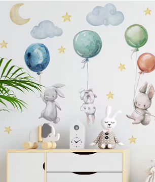 Konijn Muurstickers met Ballonnen, Maan en Sterren – Decoratieve Wandstickers voor Kinderkamer en Babykamer