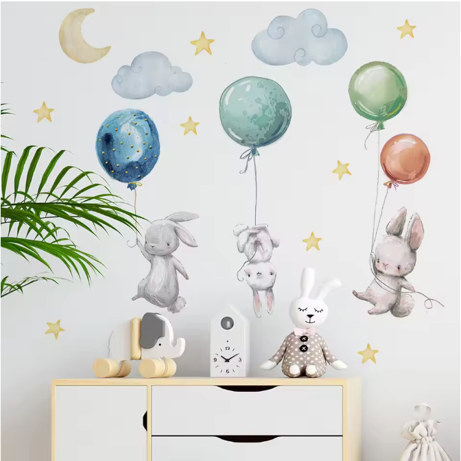 Konijn Muurstickers met Ballonnen, Maan en Sterren – Decoratieve Wandstickers voor Kinderkamer en Babykamer