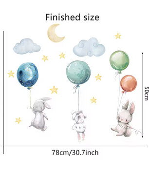 Konijn Muurstickers met Ballonnen, Maan en Sterren – Decoratieve Wandstickers voor Kinderkamer en Babykamer