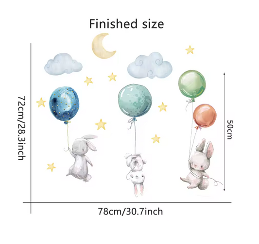 Konijn Muurstickers met Ballonnen, Maan en Sterren – Decoratieve Wandstickers voor Kinderkamer en Babykamer