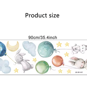 Konijn Muurstickers met Ballonnen, Maan en Sterren – Decoratieve Wandstickers voor Kinderkamer en Babykamer