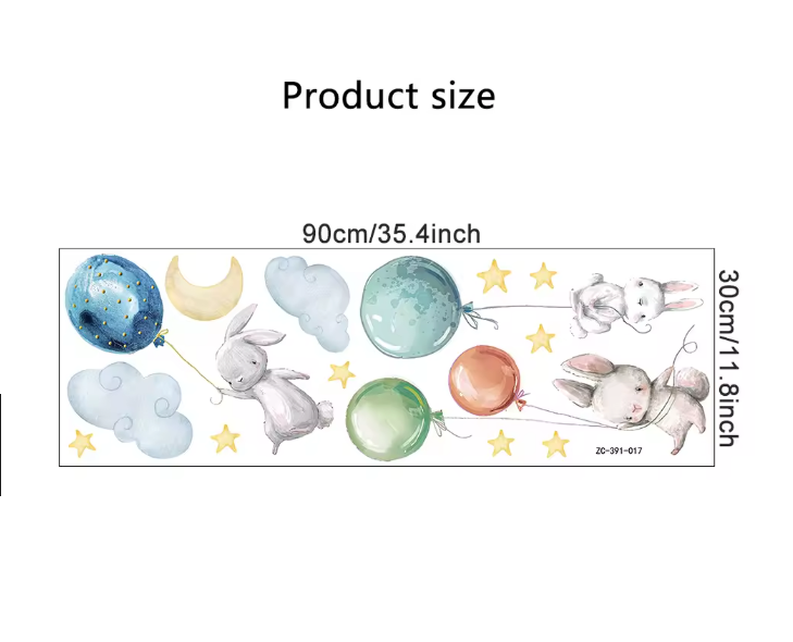 Konijn Muurstickers met Ballonnen, Maan en Sterren – Decoratieve Wandstickers voor Kinderkamer en Babykamer