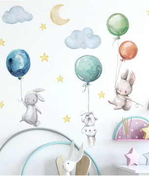 Konijn Muurstickers met Ballonnen, Maan en Sterren – Decoratieve Wandstickers voor Kinderkamer en Babykamer