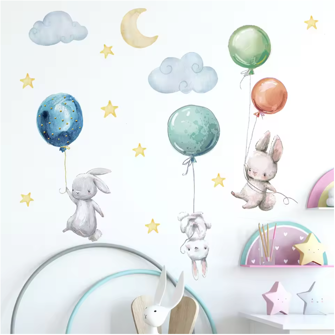 Konijn Muurstickers met Ballonnen, Maan en Sterren – Decoratieve Wandstickers voor Kinderkamer en Babykamer
