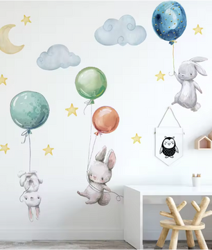 Konijn Muurstickers met Ballonnen, Maan en Sterren – Decoratieve Wandstickers voor Kinderkamer en Babykamer