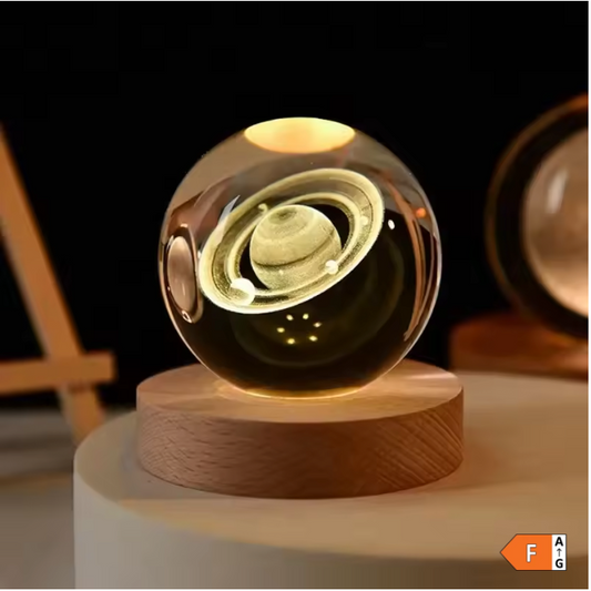 3D Kristallen Bol Zonnestelsel LED Lamp – Decoratieve Kristal Globe met Houten Basis