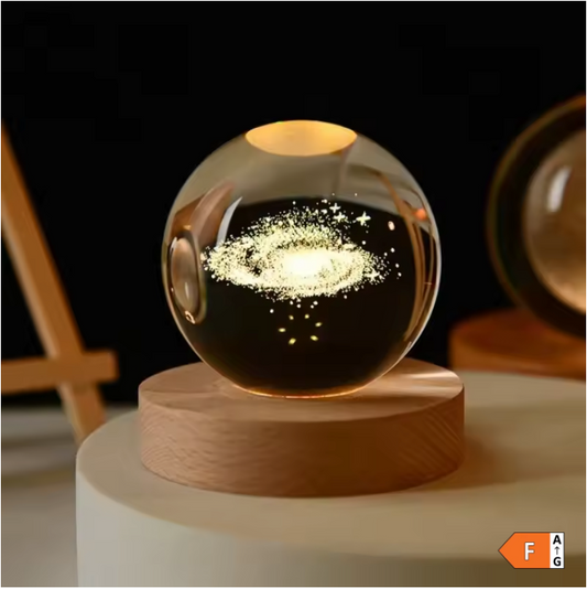 3D Kristallen Bol Zonnestelsel LED Lamp – Decoratieve Kristal Globe met Houten Basis
