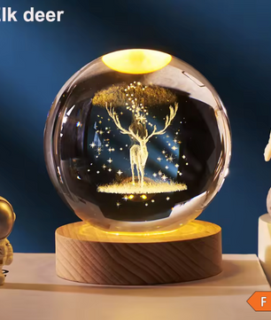 3D Kristallen Bol Zonnestelsel LED Lamp – Decoratieve Kristal Globe met Houten Basis