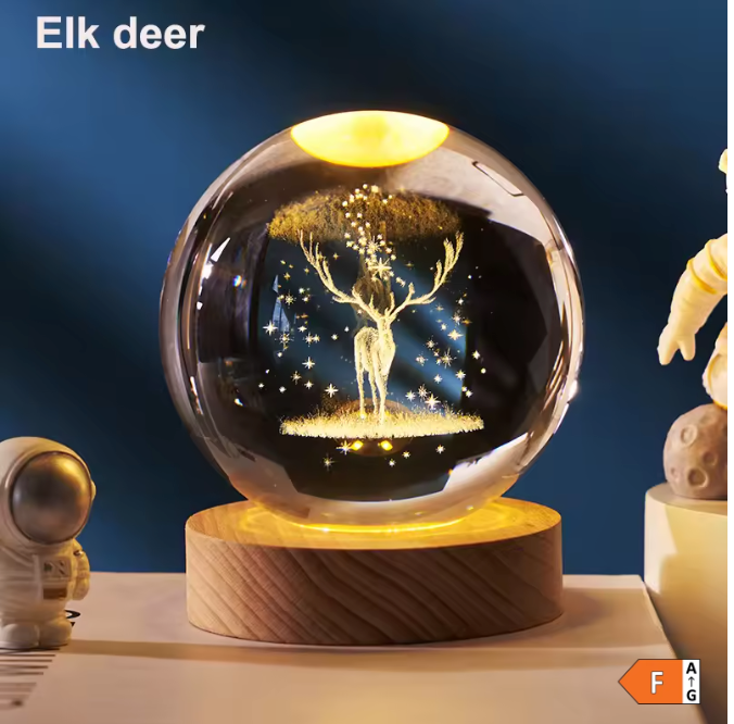 3D Kristallen Bol Zonnestelsel LED Lamp – Decoratieve Kristal Globe met Houten Basis