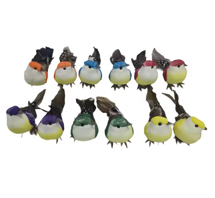 Set van 12 Miniatuur Decoratieve Vogels – Schuim en Veer Vogel Ornamenten voor DIY en Tuindecoratie