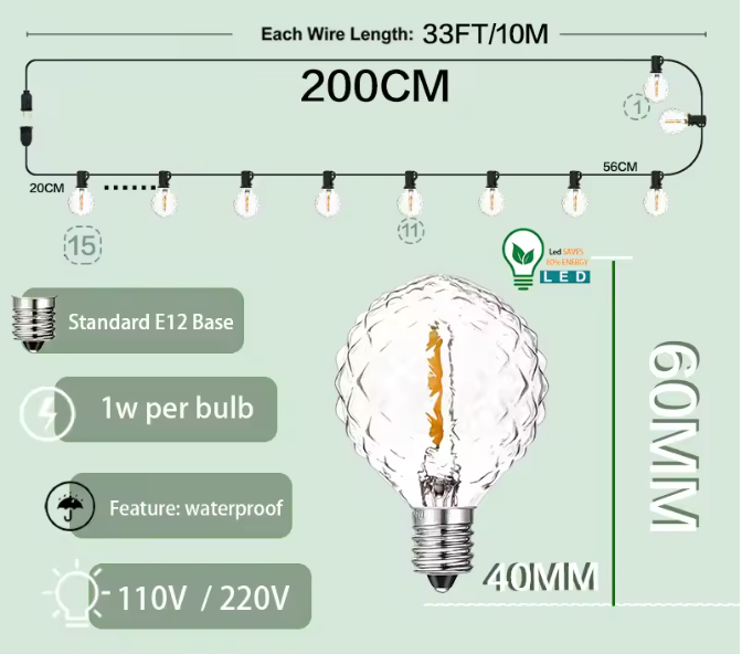 Retro G40 LED Lichtslinger – Waterdichte Buitenverlichting met E12 Fittingen voor Tuin en Feest