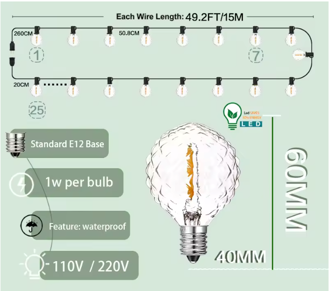 Retro G40 LED Lichtslinger – Waterdichte Buitenverlichting met E12 Fittingen voor Tuin en Feest