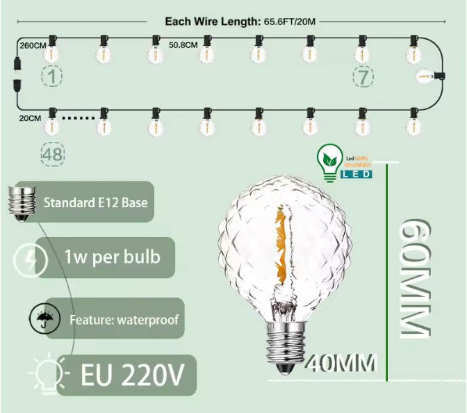 Retro G40 LED Lichtslinger – Waterdichte Buitenverlichting met E12 Fittingen voor Tuin en Feest