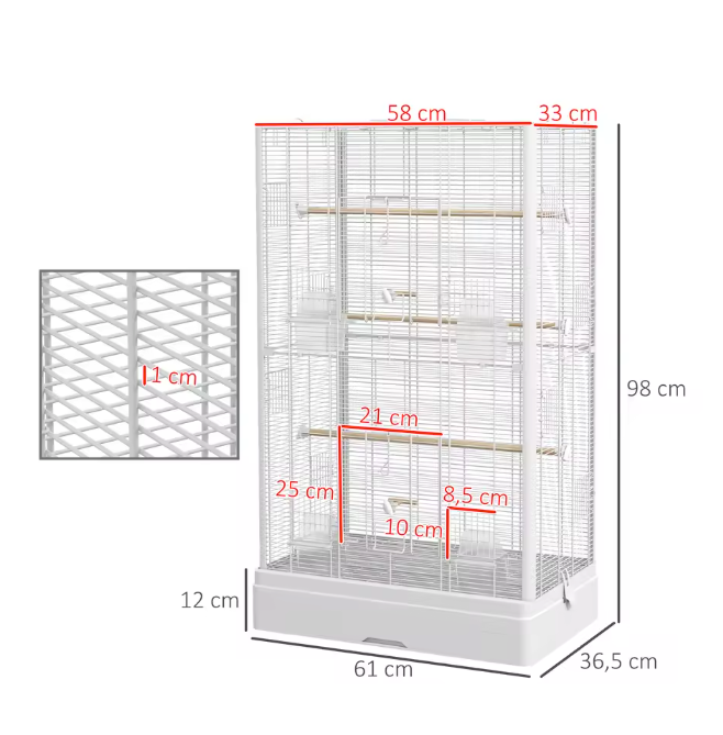 Vogelkooi 61 × 36,5 × 98 cm – Ruime Kooi met Zitstokken, Voerbakjes en Lade
