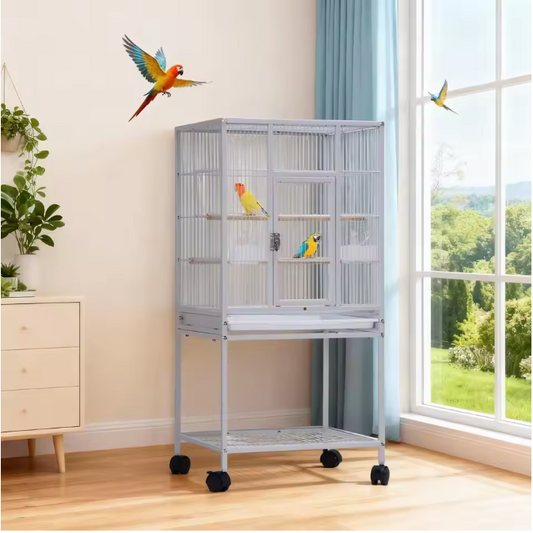 Vogelkooi met Rolstandaard en Opbergplank – Ruime Papegaaienkooi met Lade, Zitstokken en Voerbakken