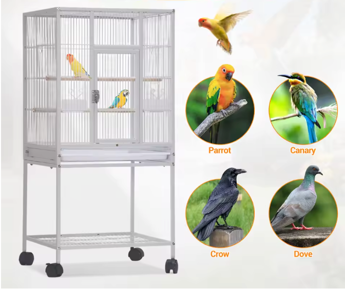Vogelkooi met Rolstandaard en Opbergplank – Ruime Papegaaienkooi met Lade, Zitstokken en Voerbakken