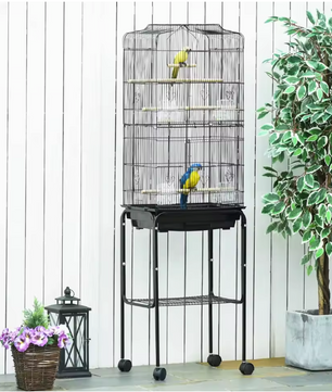Staande Vogelkooi met Wielen en Opbergplank – Ruime Kooi met Zitstokken, Schommel en Voerbakken